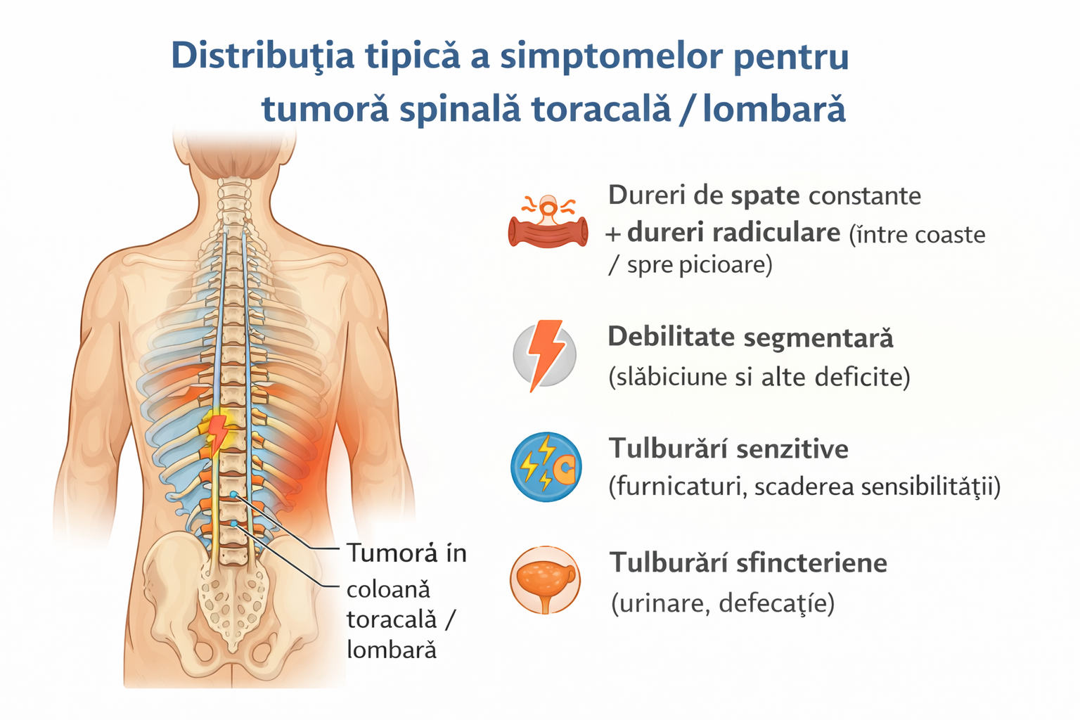 Distribuția tipică a simptomelor în tumorile spinale toracale/lombare